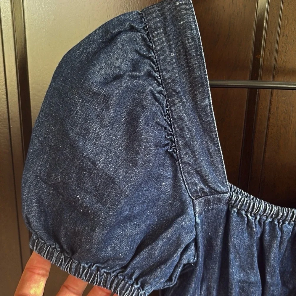 EUC J. Crew Linen Blend Denim Square Neck Puff Sleeve Dress Size 00 - Picture 5 of 9